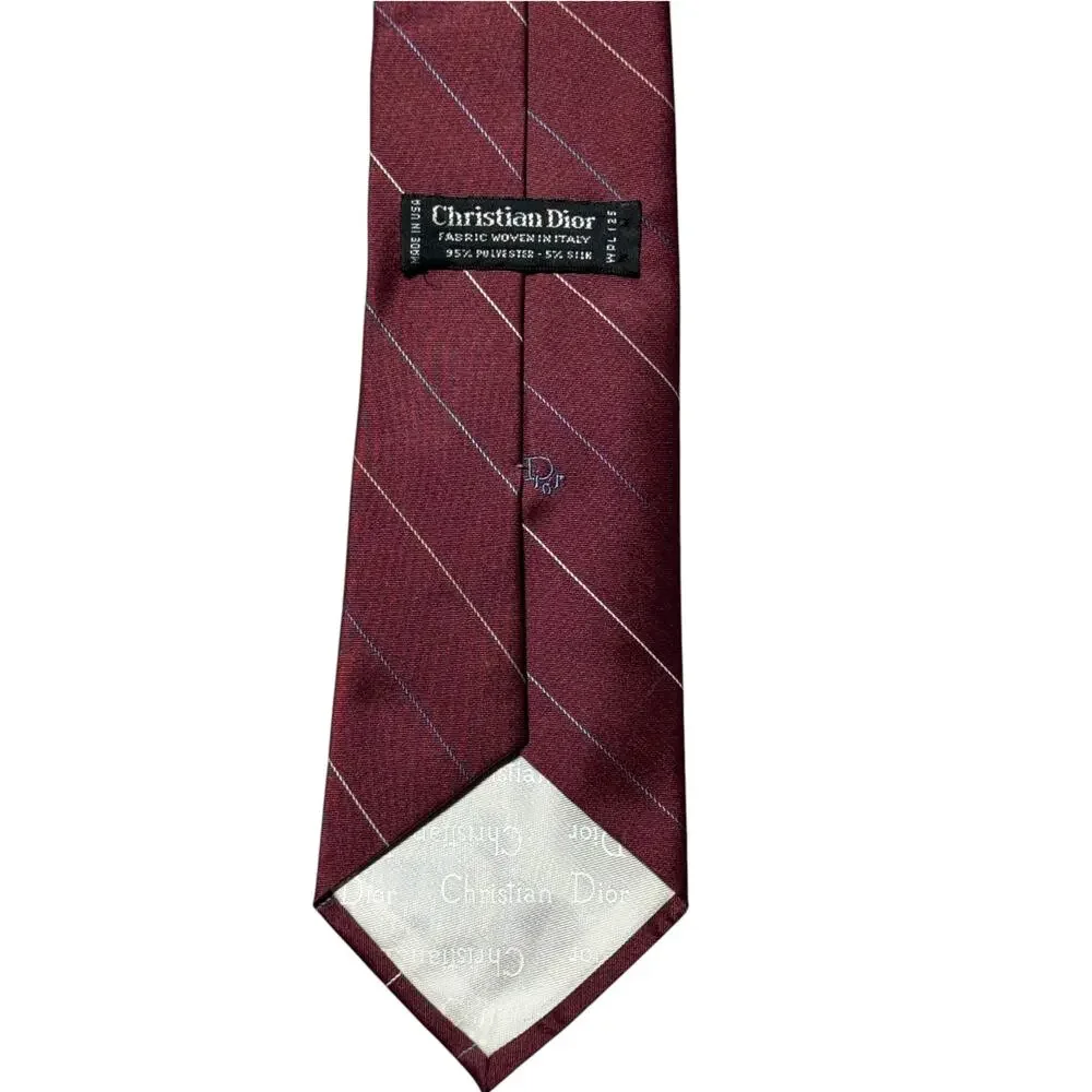 Vintage Christian Dior Necktie Mens Burgundy Striped Silk Blend Classic Formal
